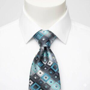 Croft & Barrow Tie Turquoise Silver Geometric Checker Formal Professional